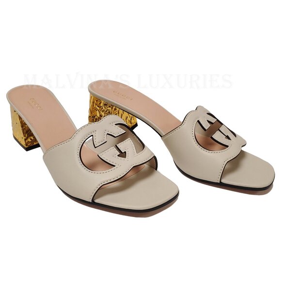 GUCCI SHOES INTERLOCKING G LOGO CUT OUT WHITE LEATHER MULES SANDALS sz 42 12 - Picture 5 of 15